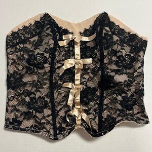 Cacique Bustier / Corset Black Lace over Tan/Beige w/ Bows Sz 22/24 EUC - READ